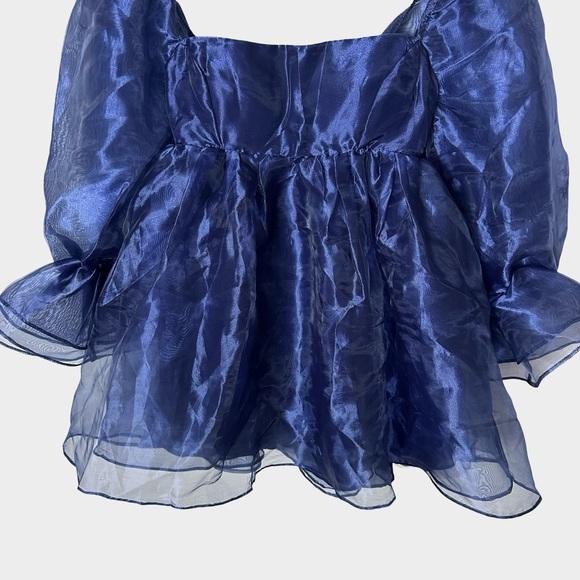 Windsor Navy Organza Puff Sleeve Babydoll Mini Dress XS Fairy Coquette Milkmaid - Picture 6 of 11